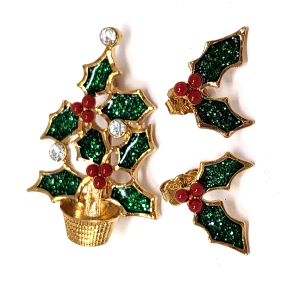 VTG Avon Christmas‎ Jewelry Pin/Pierced Earrings Set Holly Tree Gold Tone Enamel